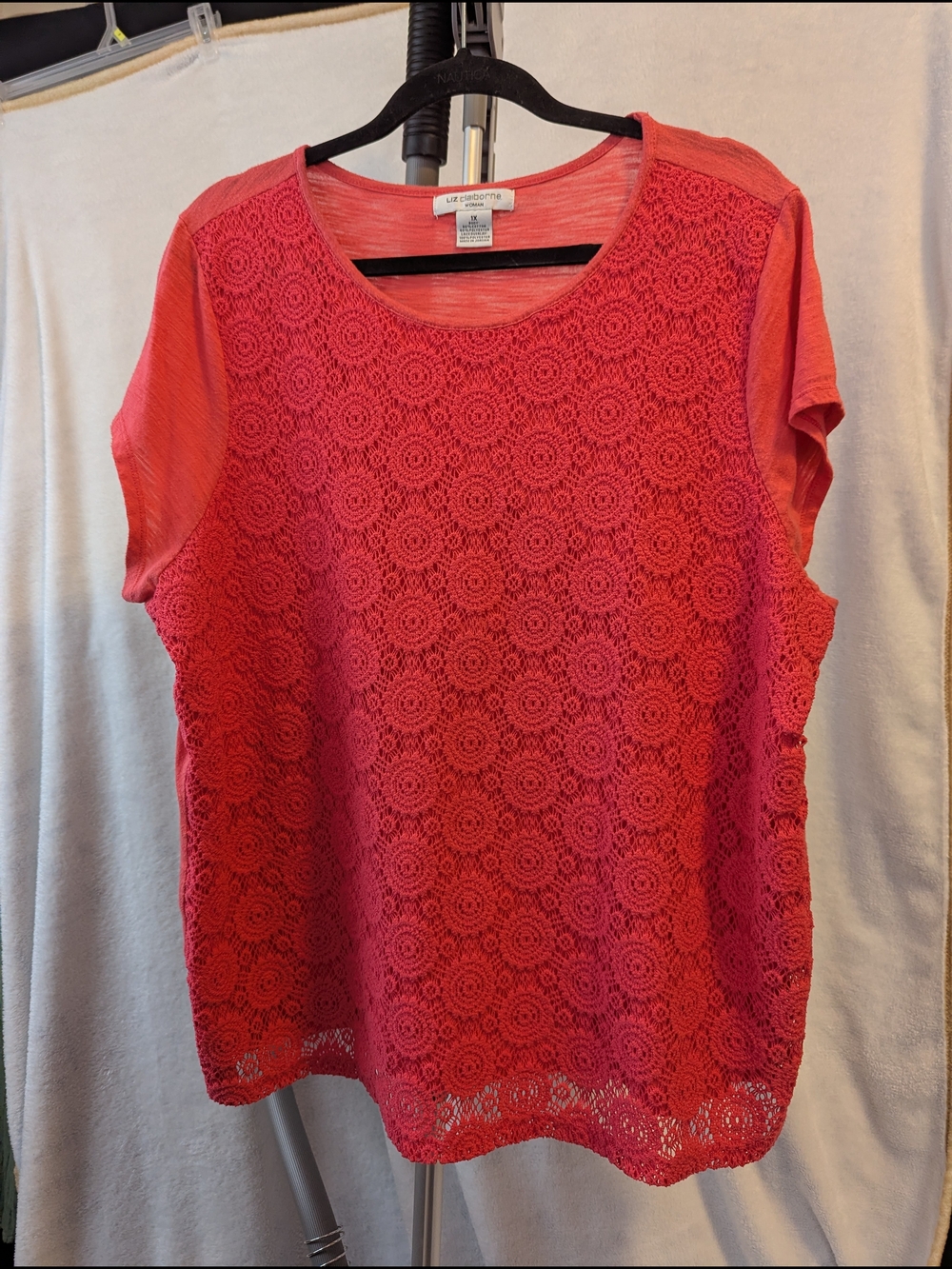 Liz Claiborne Coral Crochet Front Short Sleeve Top